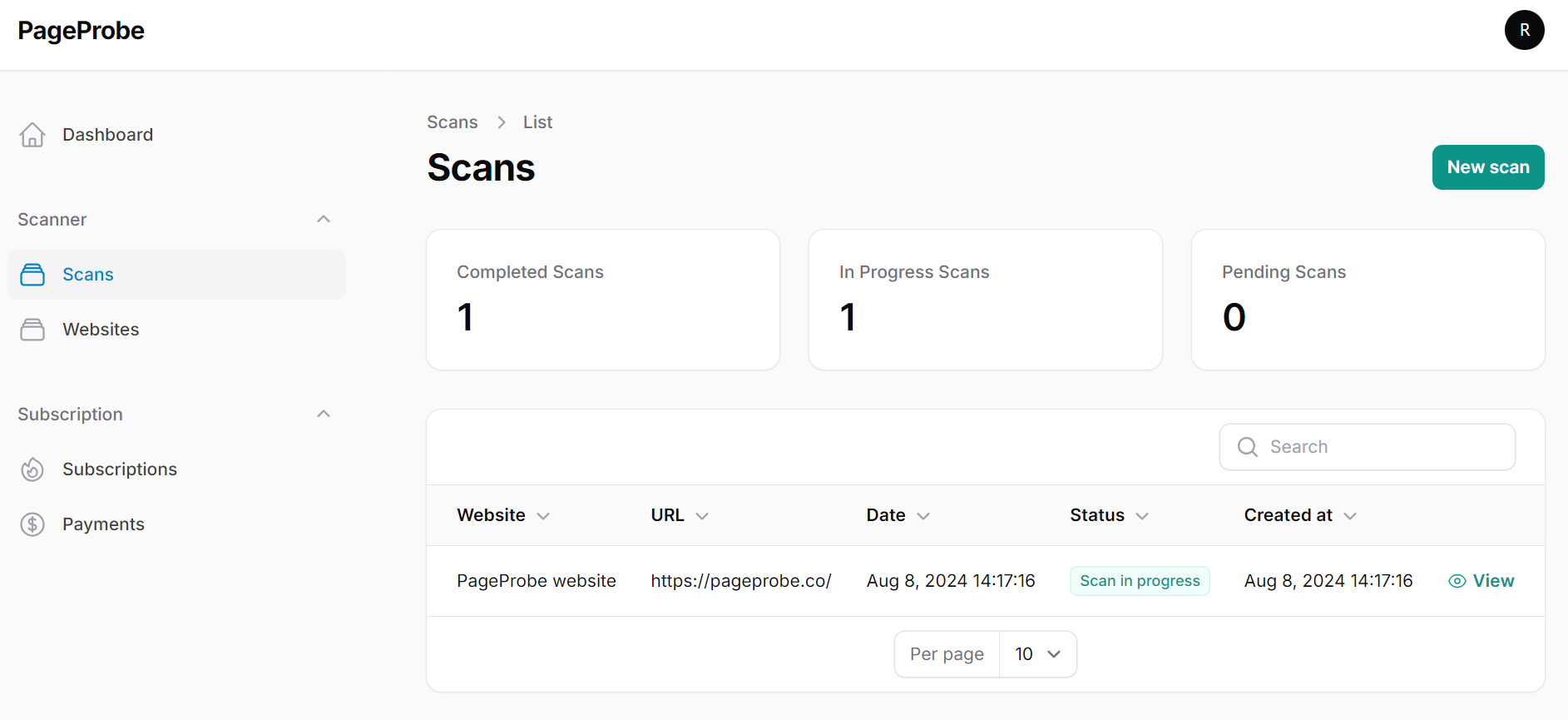 Scan overview showing the scan in progress