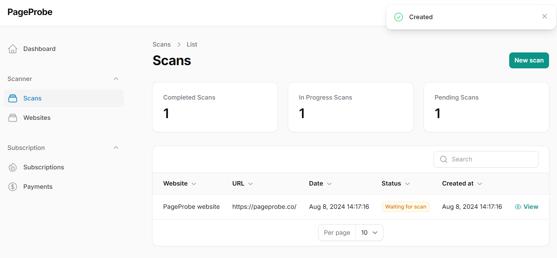 Scan overview showing the scan queued