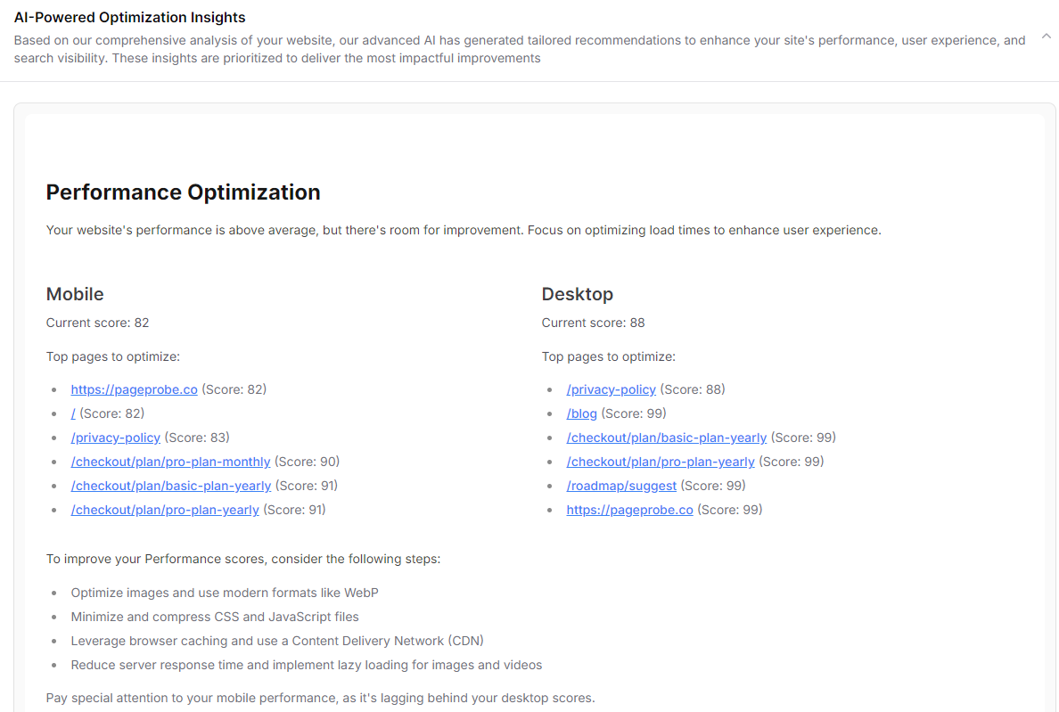 AI advice generated by PageProbe's advanced AI giving you recommendation's on how to improve your website